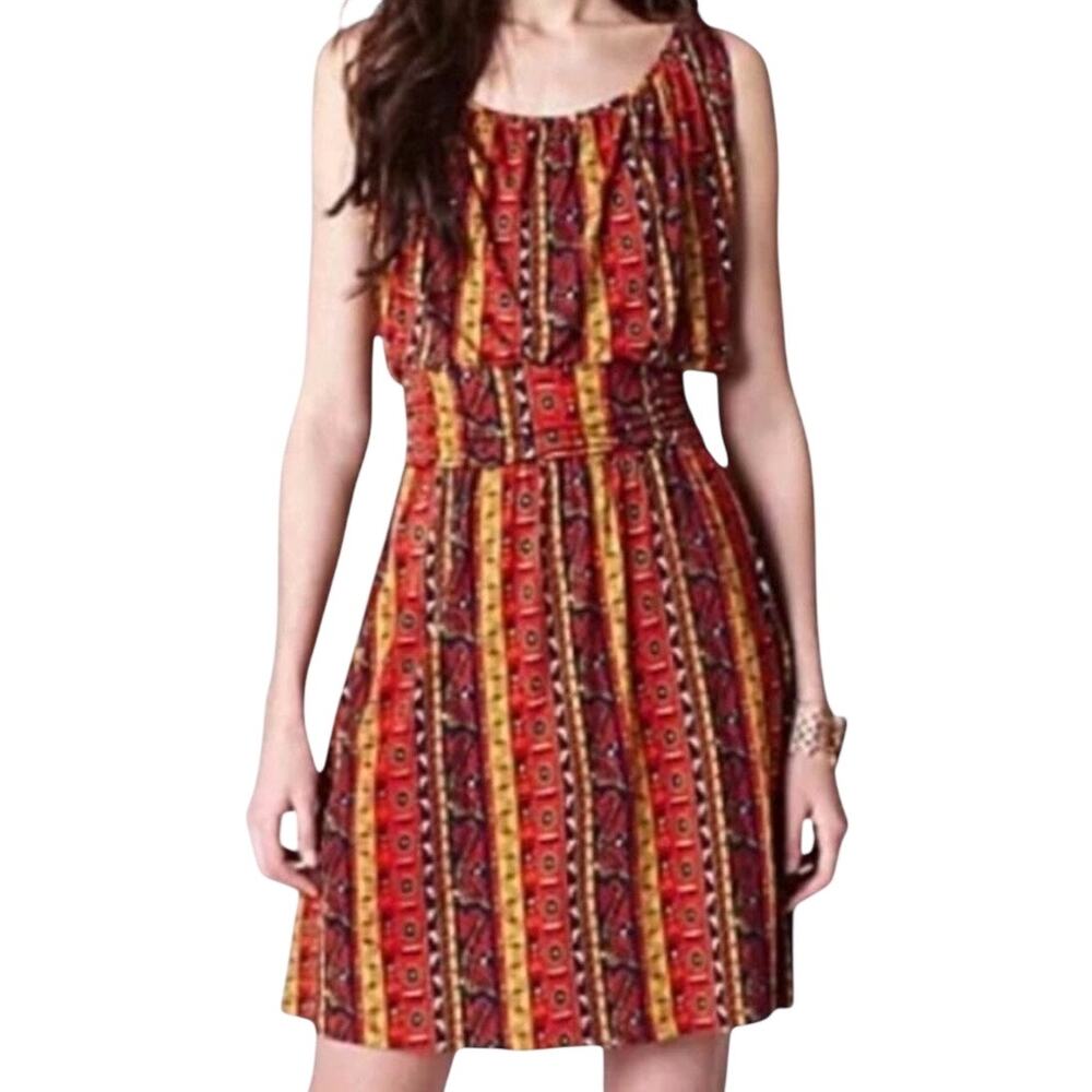 Lucky Brand Summer Nights Jordana Aztec Sundress XL Rust Red Smocked Waist Boho